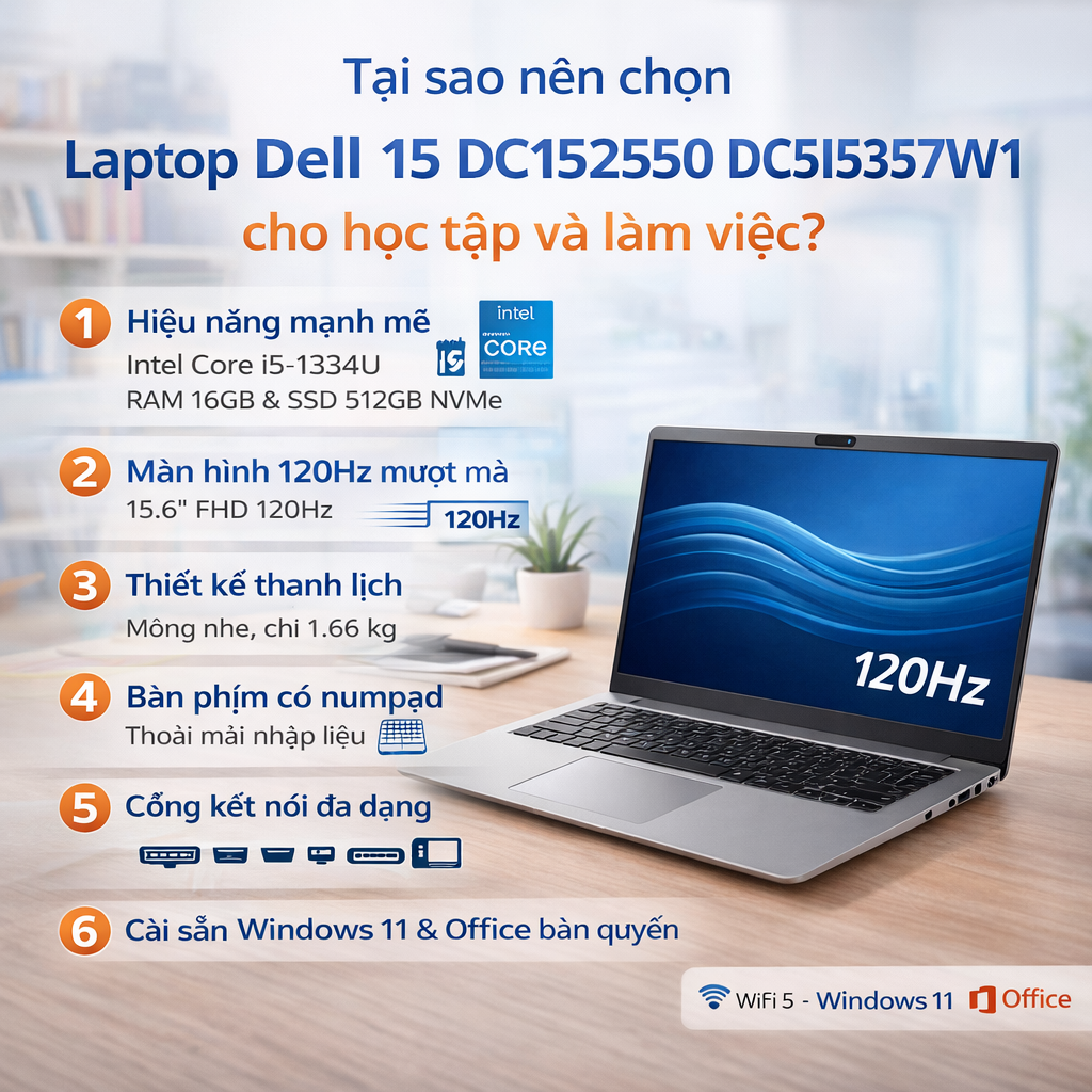 Tại sao nên chọn Laptop Dell 15 DC15250 DC5I5357W1 cho học tập và làm việc?